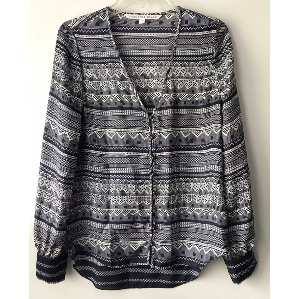 - Veronica Beard Chevron Button Front Silk Blouse… - image 1